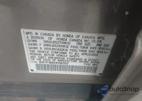 2004 Honda Pilot Ex-L from USA, damaged, VIN 2HKYF18624H562152